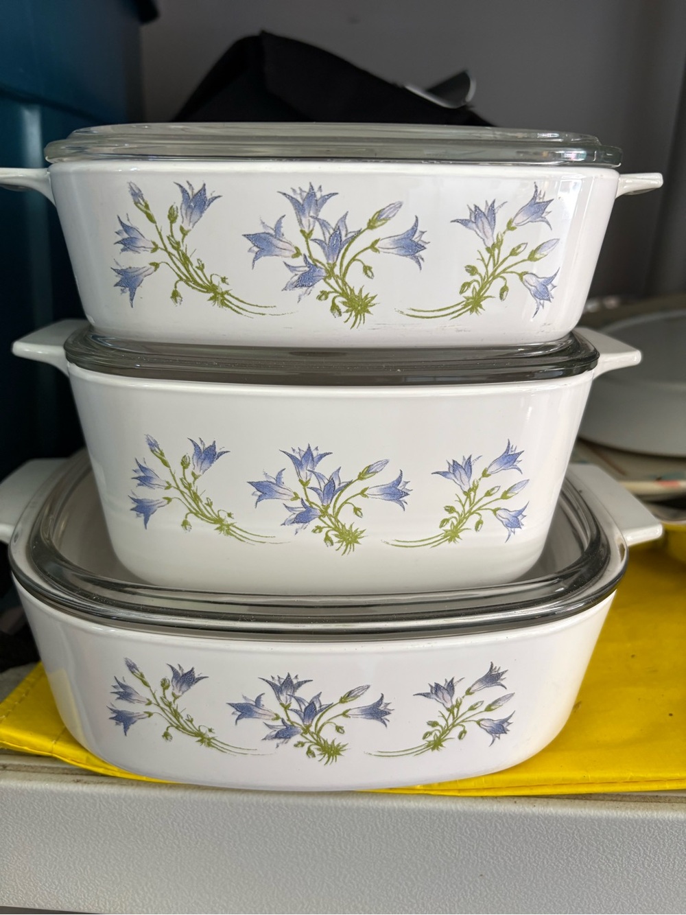 Vintage Corning Ware casserole dishes in the Blue Dusk pattern